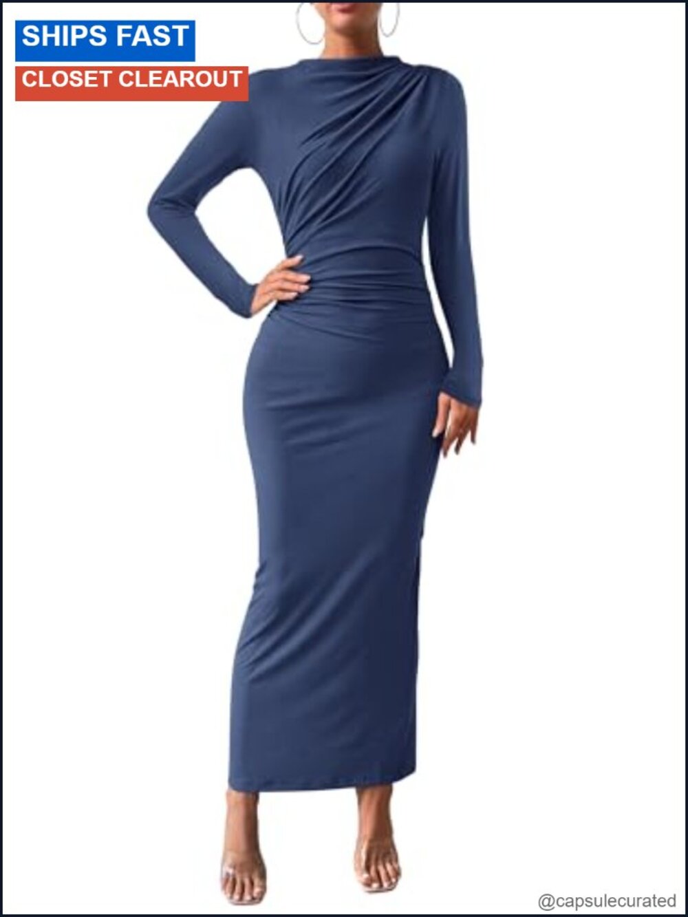 Maxi Long Sleeve Bodycon Dress Mock Neck Ruched Back Slit Formal